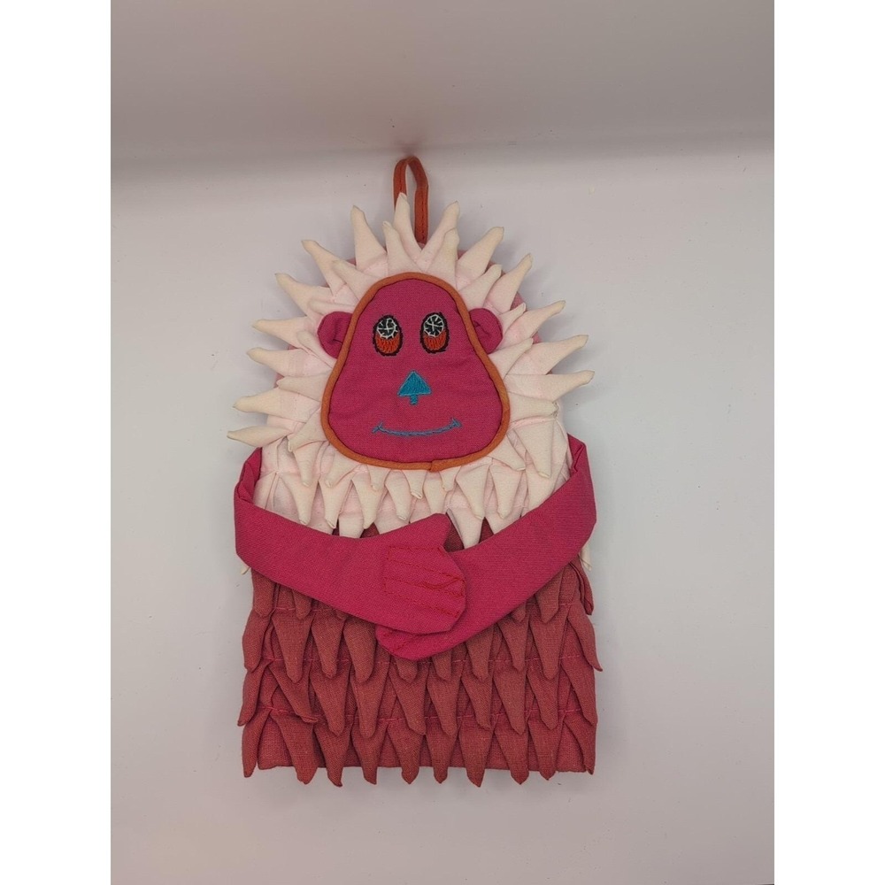 Vintage 1970s Handmade Pink Friendly Monkey Plush Animal Oven Mitt